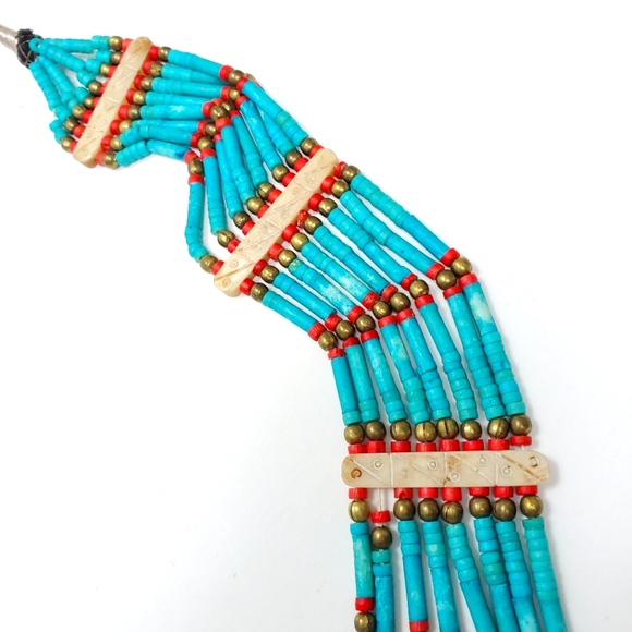 Tribal Blue Turquoise & Red Coral  Necklace Ethnic Bohemian Clay 8 Stran… - Picture 5 of 12